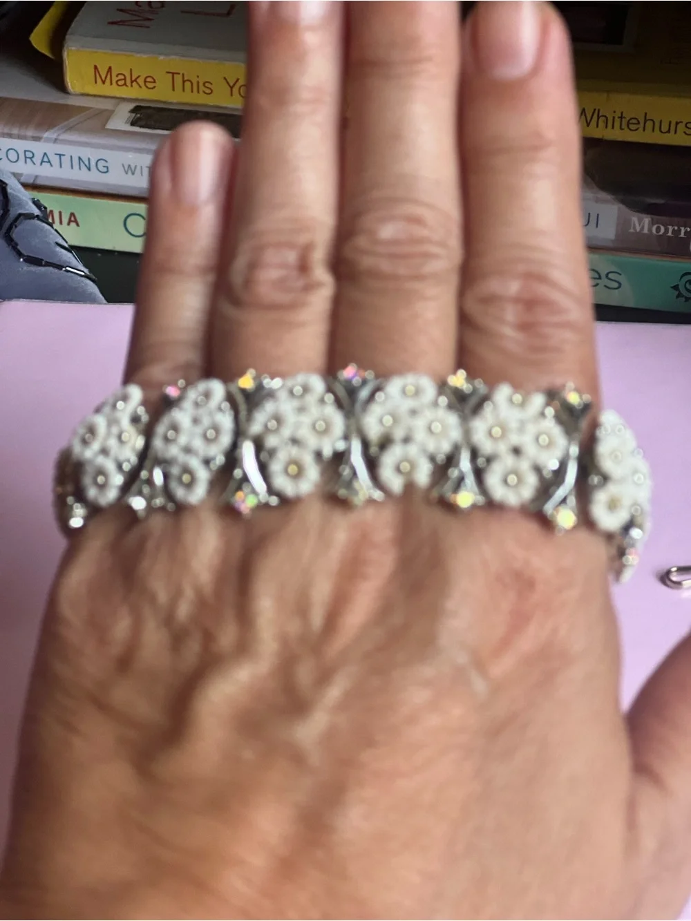 Vintage Daisy Rhinestone Demi-Parure, Molded Daisy Set, Mid-Century Silver-Tone
